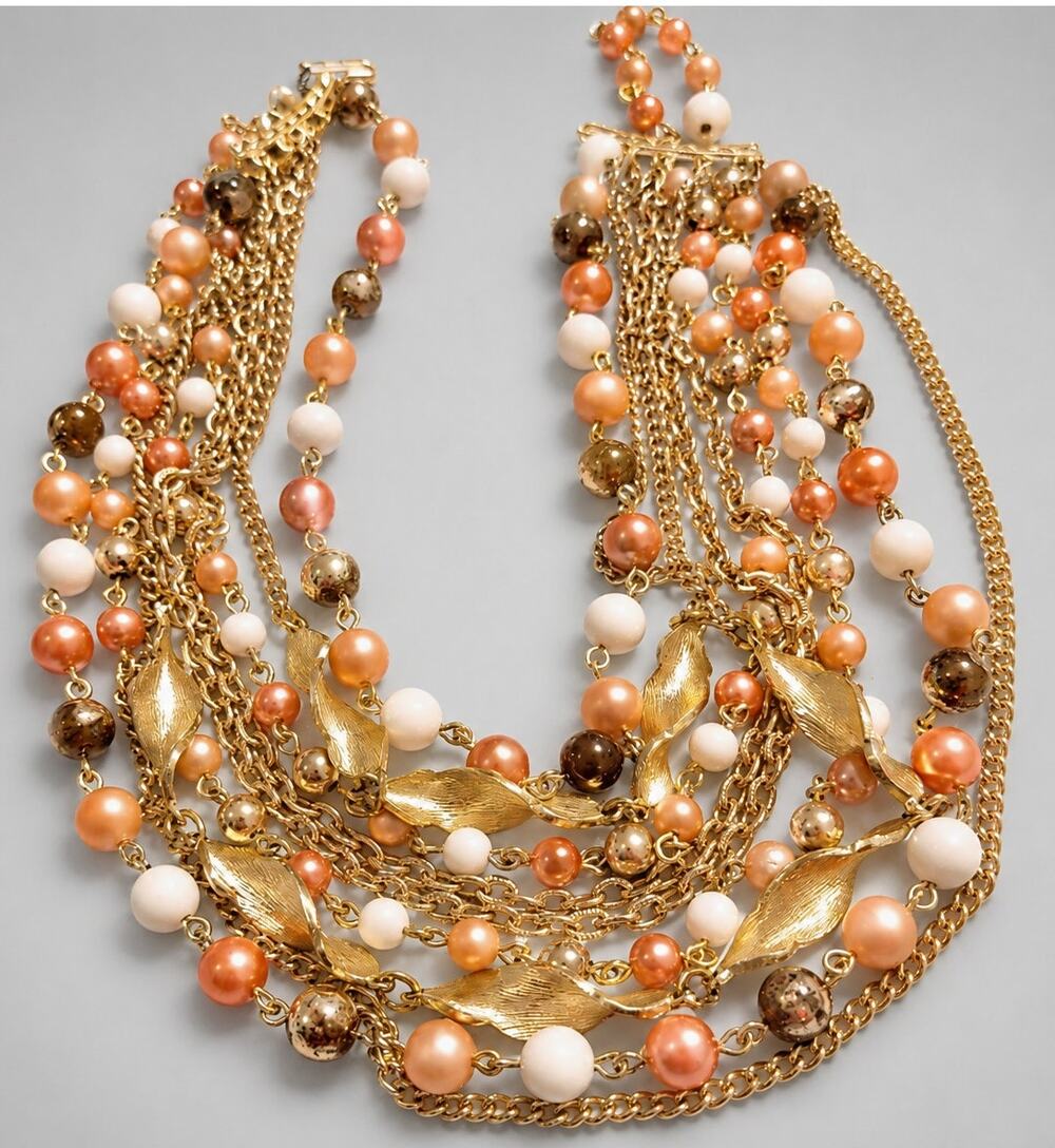 Vintage 9-strands Peach,‎ White, Gold Mid-Century Multi-Strand Beaded rd02-14